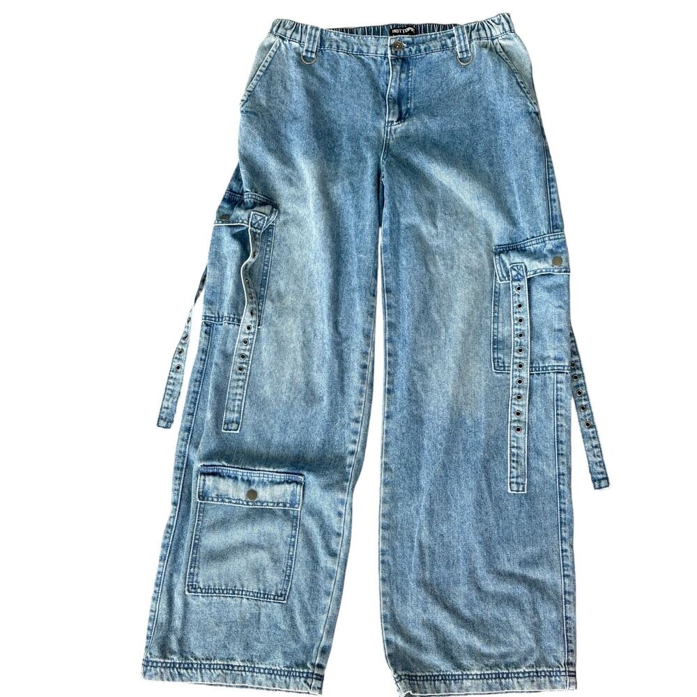 Hot Topic Y2K Baggy Cargo Jeans Wide Leg Strap Utility Skater Streetwear Size 7
